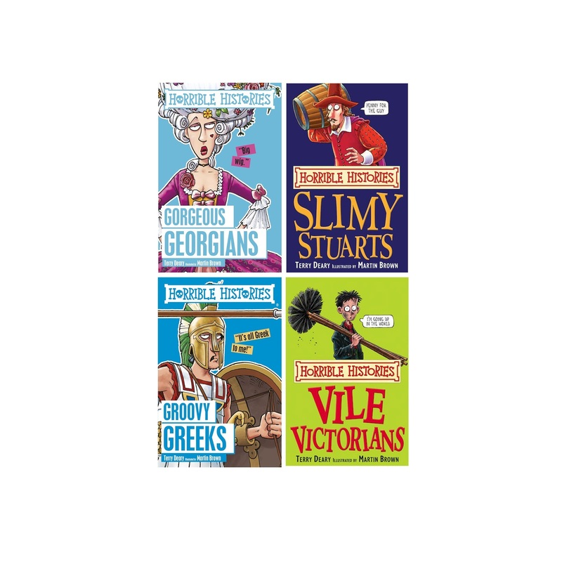 Horrible Histories 4 Books Set By Terry Deary- Gorgeous Georgians, Slimy Stuarts, Groovy Greeks and Vile Victorians