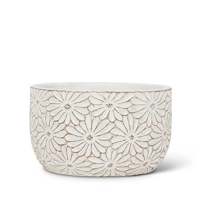 Sm Wht Daisy Low Round Planter-4″H