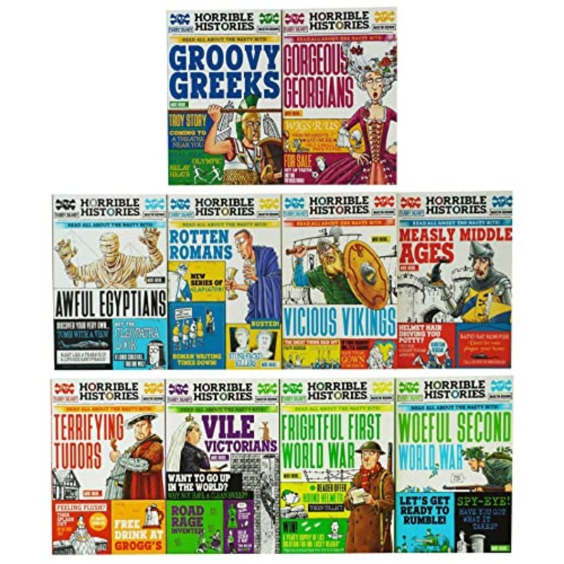 Horrible Histories Savage 10 Book Collection Set By Terry Deary (Awful Egyptians, Rotten Romans, Vicious Vikings, Measly Middle Ages, Terrifying Tudors, Vile Victorians, Frightful First World War & More)