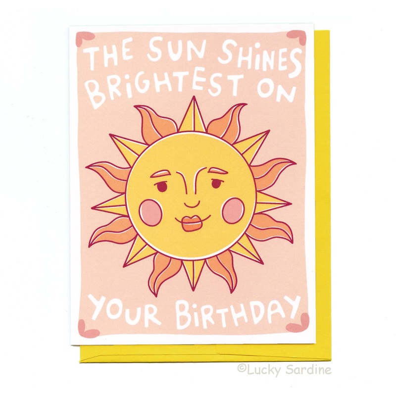 Lucky Sardine – Celestial Sun Birthday, Retro Vintage 70s 80s Sunshine Card Yellow
