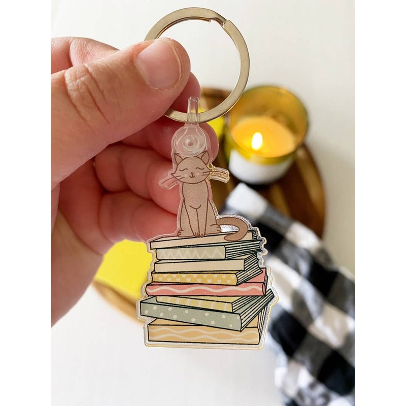 Cat on Books Keychain