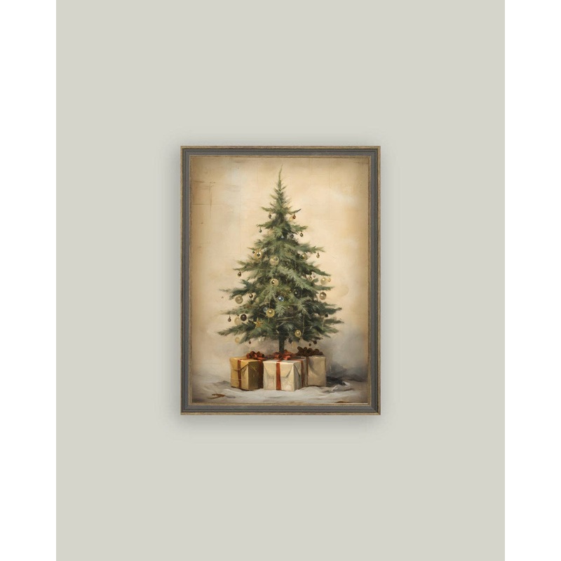 Christmas Tree with Presents Framed Antique Art 7×9