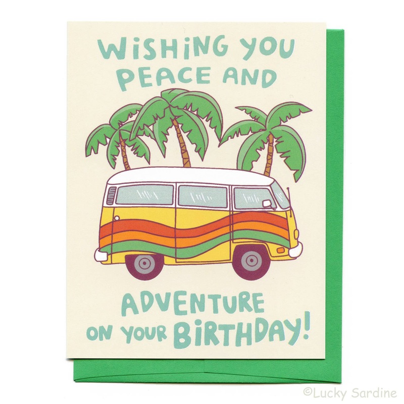 Lucky Sardine – Hippie Van Palm Tree & Adventure, Rainbow Birthday Card! Forest Green