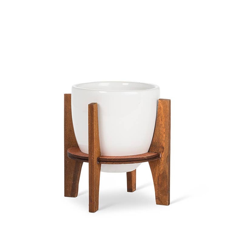 Small Pot with Wooden Stand-White-4″H