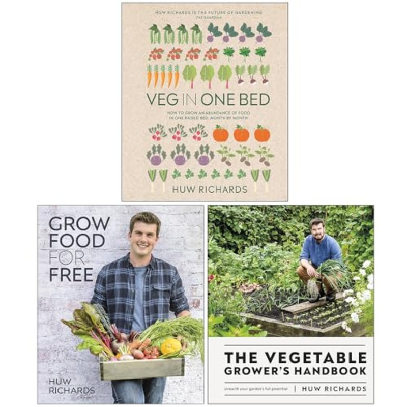 Huw Richards Collection 3 Books Set (Veg in One Bed, Grow Food for Free & The Vegetable Grower’s Handbook)